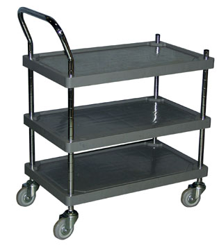 The Beacon industrial plastic utility cart is designed to transport loads from one workstation to another. The industrial plastic utility cart is available in either a 2-shelf or 3-shelf model. Each shelf height is adjustable in 1-1/2" increments. The plastic utility cart is constructed of rugged polyurethane.