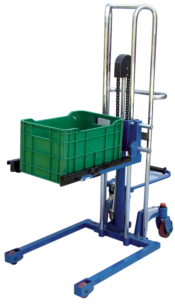 The Beacon adjustable box stacker is made for moving, lifting and stacking plastic crates and similar container types. The box stacker units are compact and lightweight. The box stacker clamps and fork widths are adjustable to fit containers and boxes of various sizes. Box stacker features rubber-coated, adjustable clamps to prevent damage to boxes and crates.