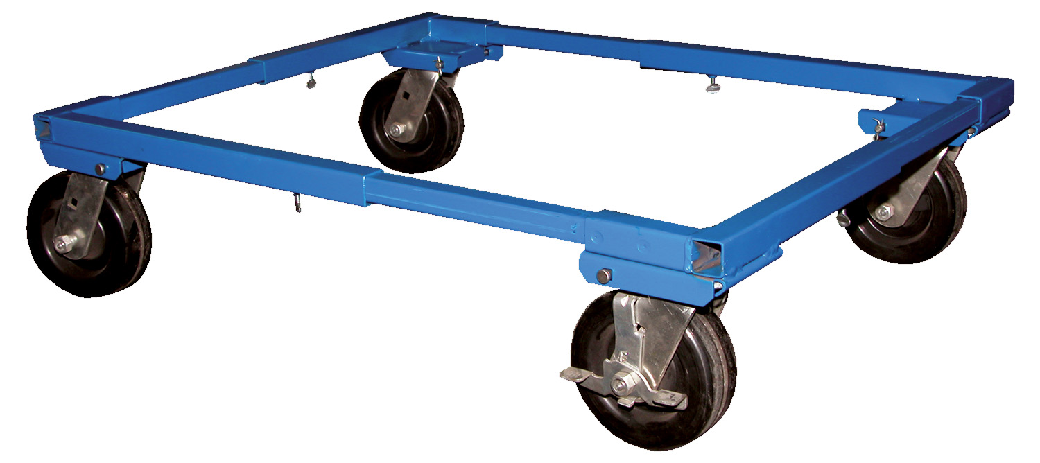 The Beacon adjustable dolly cart efficiently transports different-sized totes. This tote cart is material handling equipment that is adjustable in both length and width. The dolly's size is adjusted by loosening the screws and sliding the sides in and out. The unit features a powder coat blue finish. Industrial dolly cart features capacities of up to 3,000 lbs.