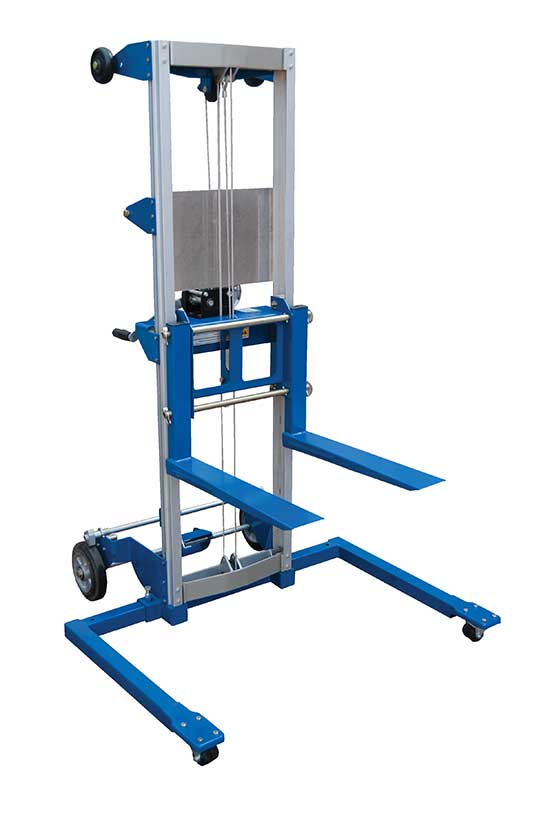 Beacon manual lift pallet jack features a hand-crank winch with a reversible handle and hold down device for securing the carriage during transport. Manual lift pallet jack with straddle design is designed for use with open bottom skids only. The forks of this portable product lift truck can be inverted to provide two different heights. Lift trucks with a compact design can be used for lifting objects to and from shelves, moving office equipment and installing ceiling or wall appliances. The manual lift pallet jack is made of aluminum and steel.