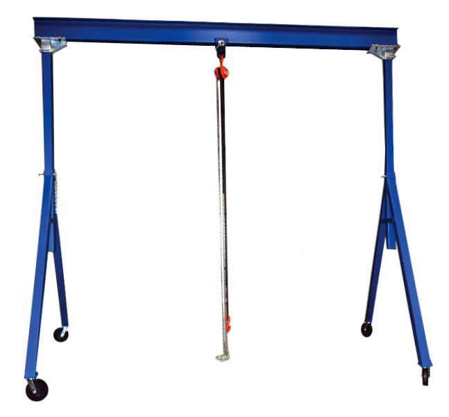Beacon adjustable height steel gantry crane is perfect for transporting and positioning large, bulky materials. Four 8" swivel casters enable swift gantry crane portability within a facility. The portable gantry crane has an adjustable height in 6" increments. The portable gantry crane is more flexible than permanent gantry cranes.
