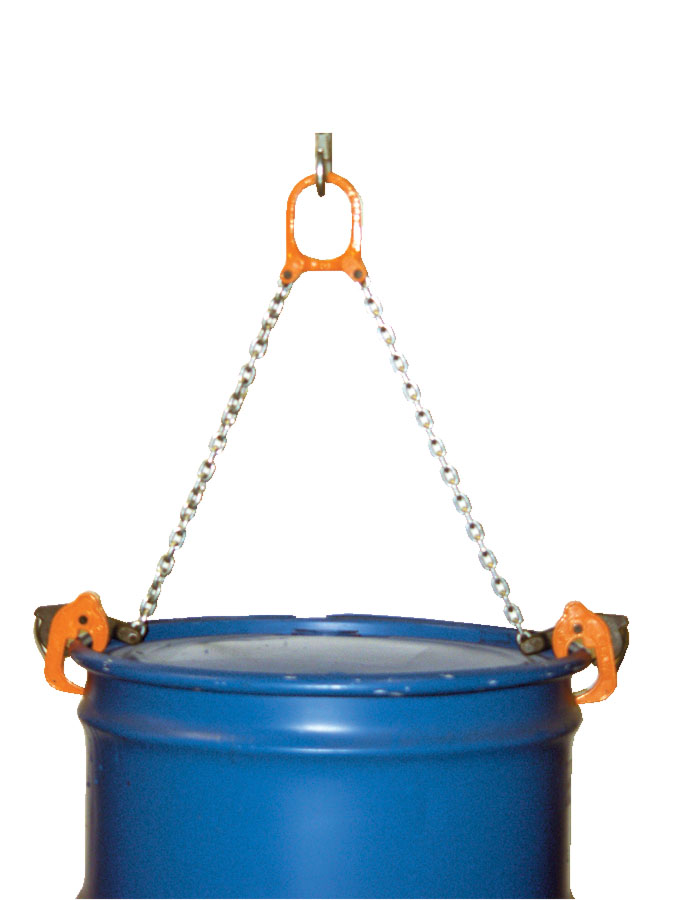 Chain drum lifter features a spring-loaded latch for optimum drum grip. Chain drum lifter features a spring-loaded latch for optimum drum grip.