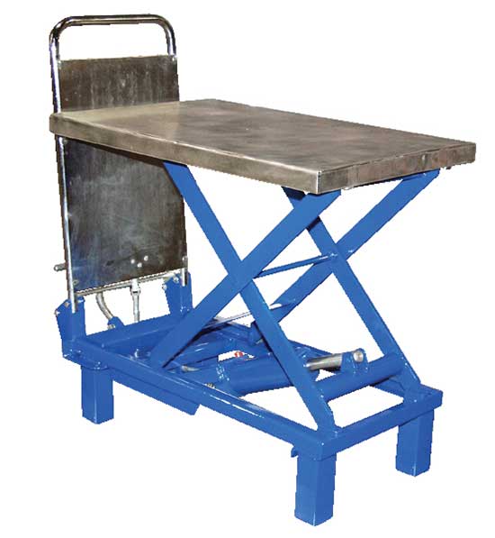 Scissor lift table features steel construction.
