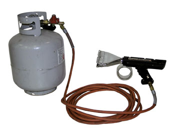 The Beacon gun propane shrink wrap has an adjustable regulator to control power to suit all film types. The shrink wrap heat gun has a temperature setting of 125,000 BTU/HR. The gun propane shrink wrap features a 26 ft. hose that comes with a swivel connector to keep it from becoming twisted. The gun propane shrink wrap gun also has a 2-position stainless steel nozzle that rotates from vertical to horizontal, allowing it to remain cool. Shrink wrap film and propane containers are not included. Gun propane shrink wrap minimizes packaging times.
