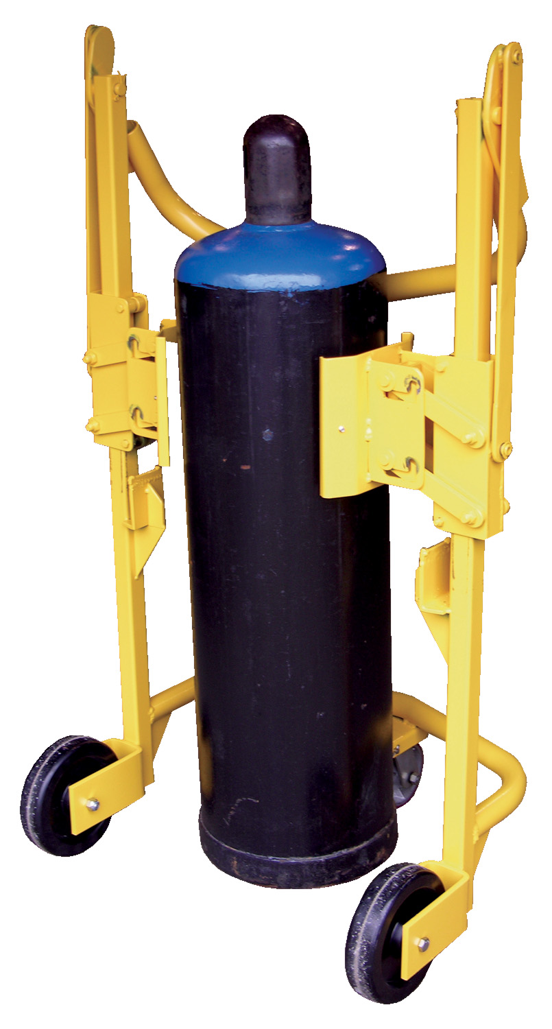 Beacon portable cylinder cart and clutchers are designed to efficiently lift and transport gas cylinders. The gas tank caddy features automatic operation via a handle that is raised or lowered. The gas tank caddy includes 1 swivel and 2 rigid casters. Gas cylinder cart and caddies feature welded steel construction.