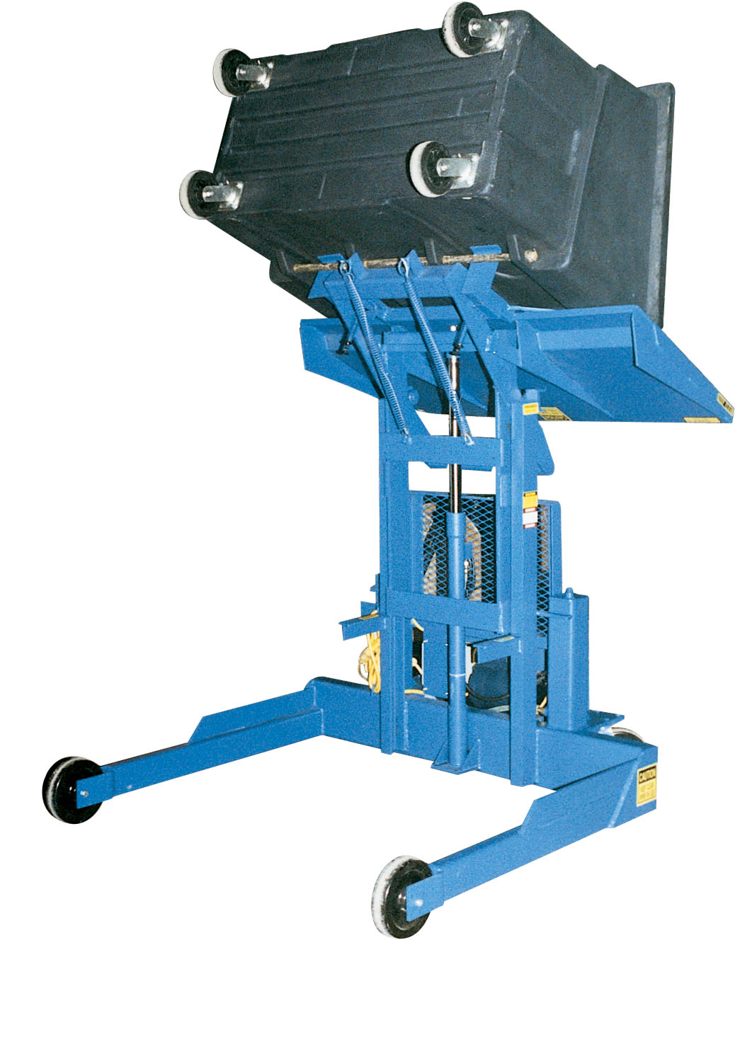 Beacon multi-purpose tote dumper rotates over 135 degrees to dump contents. Tote dumper allows one person to empty heavy loads and collect, transport and dump materials, thus saving time and reducing possible injury. Multi-purpose tote dumper is ideal for schools, hospitals and other industrial and commercial applications. The tote dumper dumps in approximately 25 seconds. The tote dumper reduces employee fatigue and risk of injury.