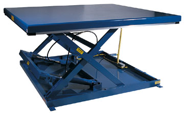 Low profile scissor lift table features steel construction.