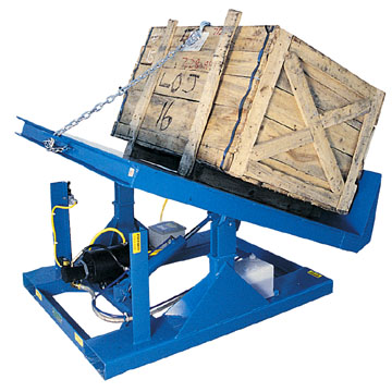 Beacon efficiency master tilt tables enable easier loading of crates, pallets, baskets or boxes by tilting them 45 degrees (BEM1-200 models) or 90 degrees (BEM1-500 models). These tilt tables feature an industrial-quality, 56-frame, 2 Hp motor. These tilt top table models come standard with a 24 V push-button hand control. Tilt tables feature capacities of up to 6,000 lbs.
