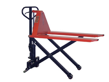 The Beacon high lift pallet trucks are designed to lift open-bottom baskets, boxes or skids. High lift pallet trucks are available in both hand pump and 12 V DC powered models. The high lift pallet trucks have an ergonomic pump handle with 2 lifting speeds to enable the unit to accommodate for light and heavy loads. The skid lifter features side stabilizers, which provide balance when lifting loads. High lift pallet trucks work excellently with skids, boxes or open-bottom baskets.