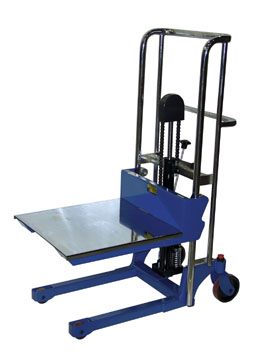 Beaconhand lift truck provides reliable lifting and transporting of loads. This hand lift truck is available in a DC-battery-powered model as well as in various hydraulic foot pump models. This product lifter features a removable chrome platform designed for jobs requiring forks. The foot pumps yield 3/4" of platform travel per stroke. The portable product lift rolls on 2 swivel and 2 rigid polyurethane casters and includes a foot-operated brake. This unit is not designed to be used with pallets. The hand lift truck is lightweight.