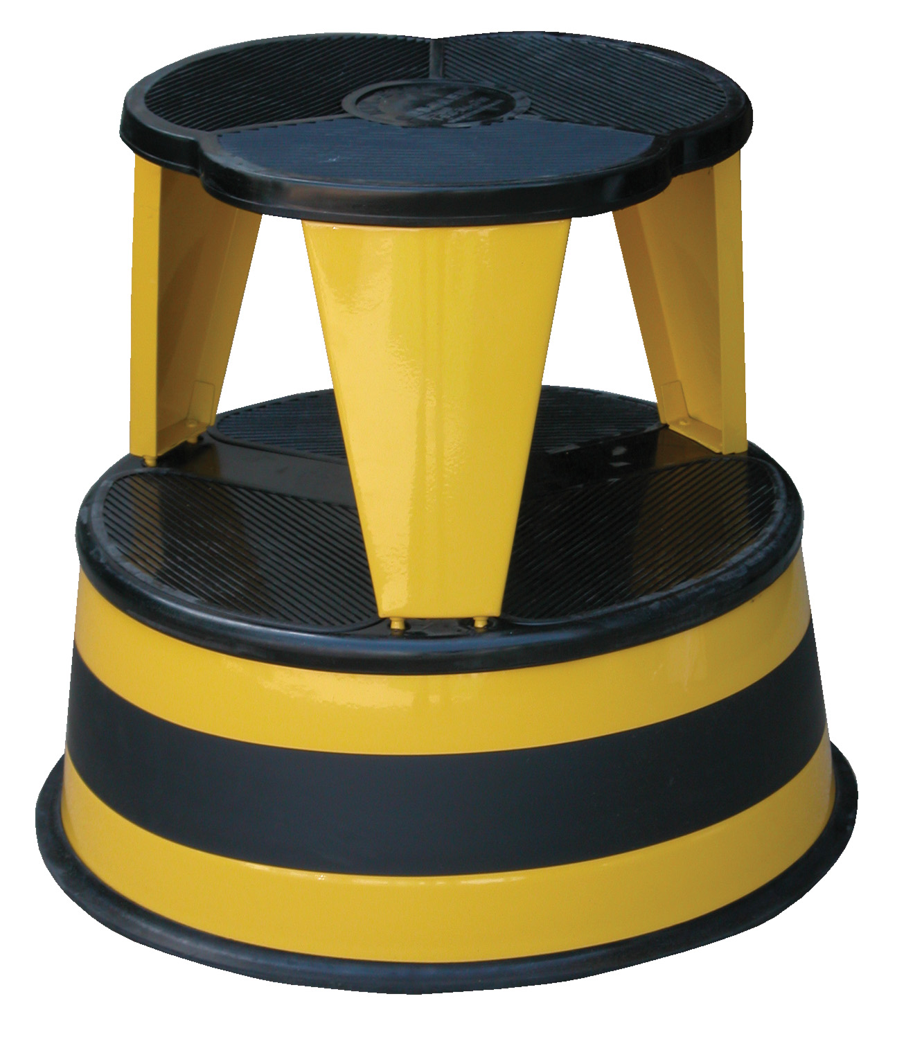 Rolling step stool features heavy-duty steel construction.