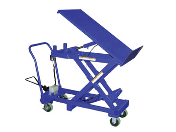 The Beacon BCART-500-LT hydraulic tilt cart has a unique design that allows the user to raise and tilt materials to an ergonomic position for better posture and operator comfort. The hydraulic tilt cart is elevated by means of a foot actuated hydraulic cylinder. This hydraulic tilt cart features a manual selector valve that is used to control the lift/lower sequence independently from the tilt sequence. The BCART-400-LT and BCART-600-LT models raise and tilt to a 45-degree angle at the same time at full elevation. The lift table cart rolls on 2 rigid and 2 swivel 5" poly-on-steel casters. Hydraulic tilt cart features capacities of up to 600 lbs.