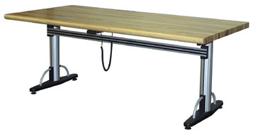 Beacon adjustable work bench raises material to an ergonomically correct working height. The adjustable work bench features a fold-away hand crank located directly under the platform for easy raising and lowering. The adjustable work bench employs a hydraulic system that raises the platform evenly. Adjustable work bench features a 750-lb. capacity.