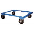 The Beacon adjustable dolly cart efficiently transports different-sized totes. This tote cart is material handling equipment that is adjustable in both length and width. The dolly's size is adjusted by loosening the screws and sliding the sides in and out. The unit features a powder coat blue finish. Industrial dolly cart features capacities of up to 3,000 lbs.