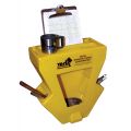 The pallet truck caddy features a large storage compartment.