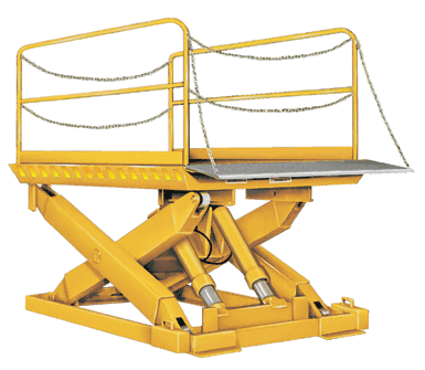 The Beacon heavy capacity scissor loading dock lift is ideal for lifting heavy objects. This hydraulic loading dock lift has a safety tread steel plate platform with 8" beveled toe guards and yellow and black safety strips. This scissor dock loading leveler features 2 removable steel handrails, positive stops on all 4 corners and hinged safety restraint maintenance bars. The hydraulic lift also features a safety velocity fuse at the base of each cylinder. The unit also has 4 safety chains with snap hooks. Loading dock lift features four safety chains with snap hooks.